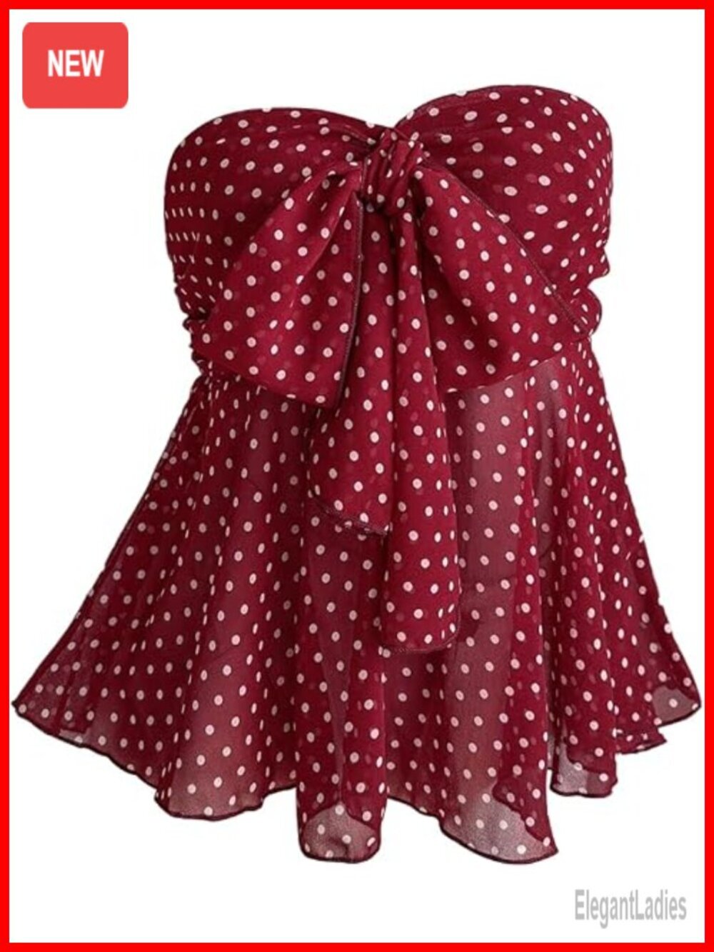 Polka Dots Tie Front Strapless Ruffle Hem Bandeau Crop Top